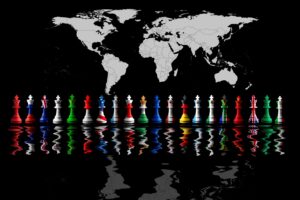g20 countries flags paint over on chess king. 3D illustration. w
